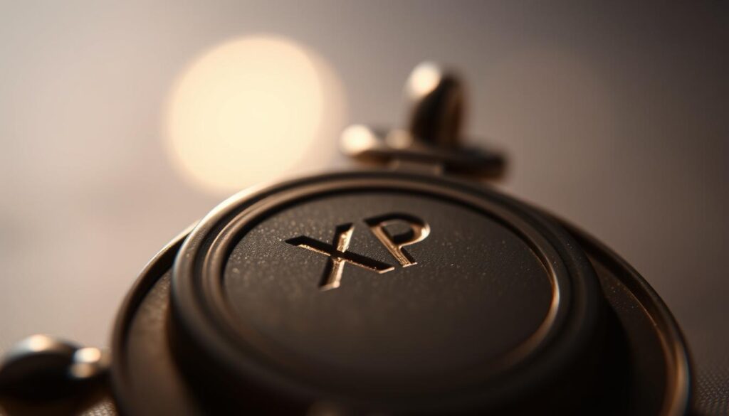 A close-up photograph of a delicate jewelry piece, shot with an iPhone 16 Pro Max. The frame captures the intricate detailing of the metal surface, where a prominent 'XP' marking is prominently displayed. The lighting is soft and diffused, creating a warm, inviting atmosphere that highlights the craftsmanship and elegance of the design. The background is blurred, placing the jewelry item at the center of attention, allowing the viewer to focus on the mysterious 'XP' designation and its significance.