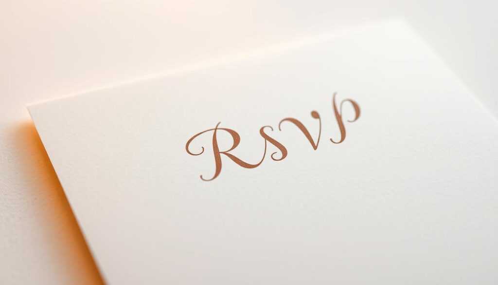 A close-up photograph of a formal letter-sized document with a cursive header reading "RSVP" in elegant calligraphy. The document's surface has a soft, tactile texture, perhaps lightly embossed. The background is a clean, minimalist white, allowing the invitation to be the focal point. Warm, diffused lighting casts a subtle glow, highlighting the refined typography and paper quality. The overall impression is one of sophistication and personal invitation, conveying the essence of a birthday RSVP card.