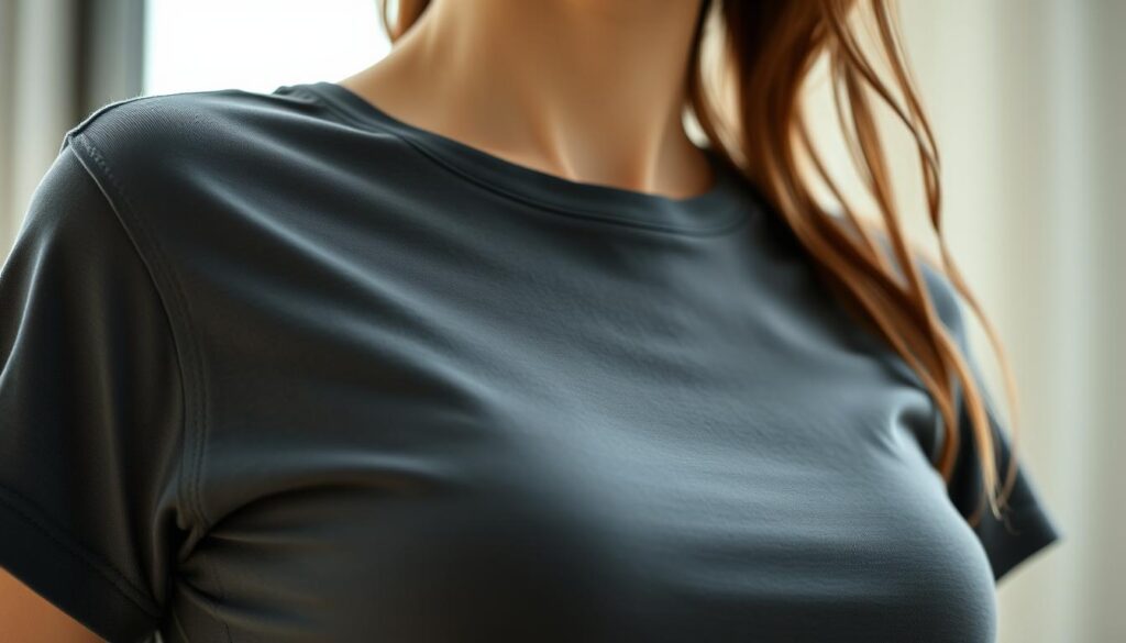 A close-up shot of a stylish, modern T-shirt with a built-in bra, captured under natural lighting with an iPhone 16 Pro Max. The T-shirt has a sleek, seamless design, showcasing a minimalist aesthetic. The focus is on the fabric's texture and the subtle contours of the integrated support system, creating a visually appealing and functional garment. The image conveys a sense of comfort, versatility, and contemporary fashion, reflecting the practical and fashionable nature of the "biustonosz T-shirt" concept.
