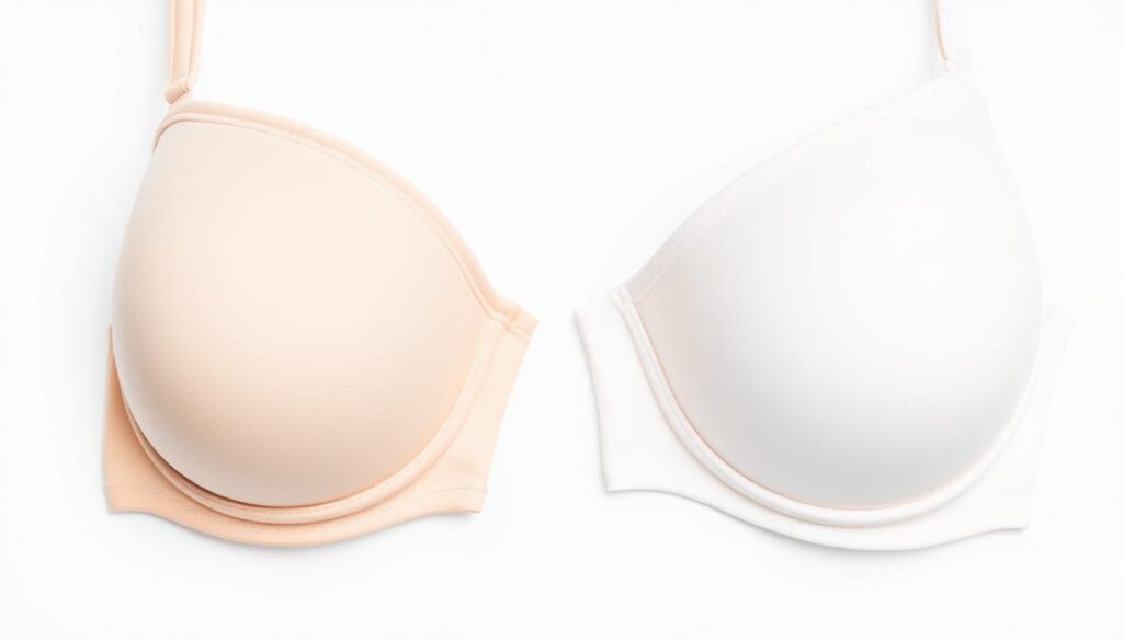 A close-up shot of two different brassiere cups, one on the left and one on the right, against a plain white background. The left cup is a structured, rigid underwire brassiere with visible seams and contours, while the right cup is a softer, semi-structured brassiere with a more subtle, seamless shape. The lighting is bright and even, highlighting the textural differences between the two garments. The photograph is taken from a slightly elevated angle, capturing the unique silhouettes and construction of each brassiere in crisp detail.