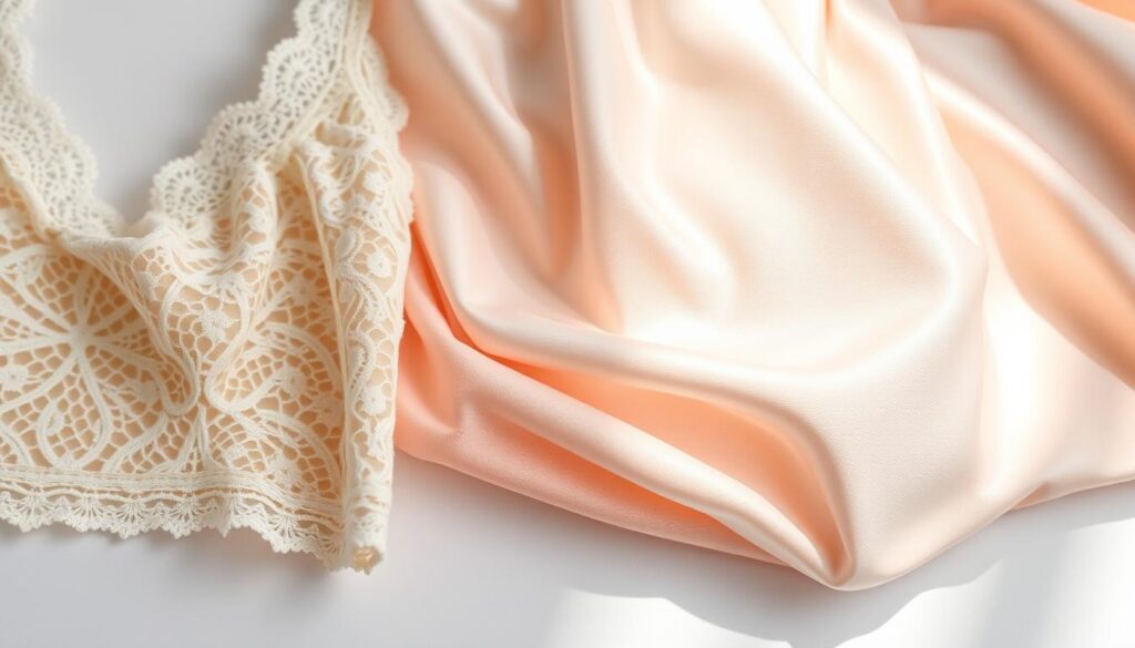 A close-up shot of various brassiere fabric samples arranged on a minimalist white background, lit with soft natural lighting. The materials range from delicate lace to smooth satin, with differing textures, weights, and sheen. The image showcases the diverse options available for brassiere construction, highlighting the importance of fabric selection for comfort, support, and aesthetics. Captured with an iPhone 16 Pro Max, the image has a crisp, high-resolution quality that emphasizes the intricate details of the fabrics.