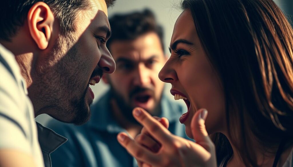 A heated argument between a couple, their faces distorted in anger, gestures animated and voices raised. The scene captured with an iPhone 16 Pro Max, the close-up composition emphasizing the intensity of the dispute. Harsh lighting casts dramatic shadows, adding to the tense atmosphere. The background blurred, keeping the focus on the couple's confrontation. The image conveys the raw emotion and friction of a heated "kłótnia definicja" in a relationship.