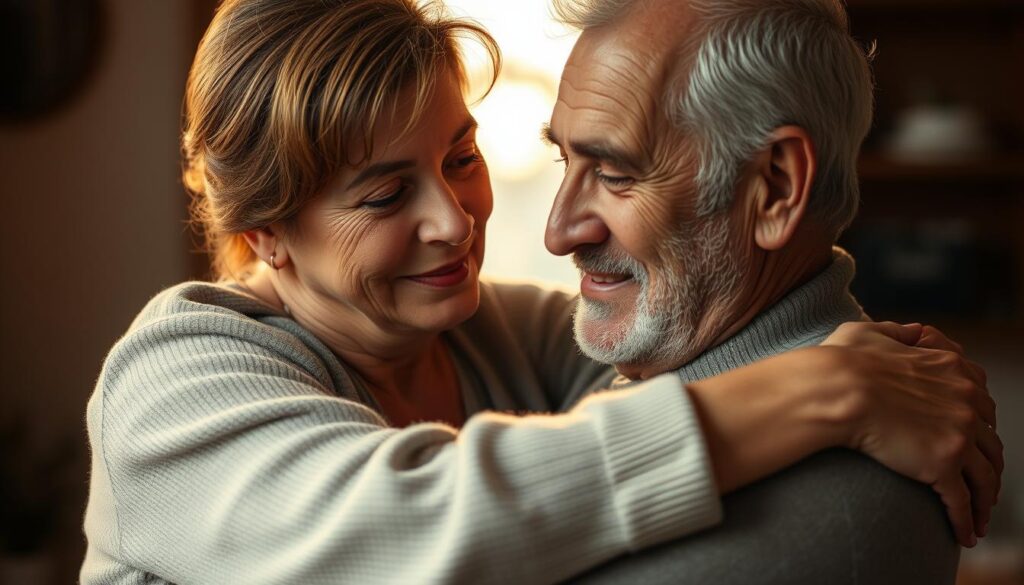 A middle-aged woman and an older man embrace tenderly, their expressions conveying a deep, intimate connection. The scene is bathed in warm, golden light, creating a cozy, romantic atmosphere. The background is softly blurred, placing the focus on the couple's emotional bond. The image is captured with an iPhone 16 Pro Max, showcasing the natural, lifelike quality of the shot. This image represents the essence of a relationship between a younger woman and an older man, reflecting the complexities and nuances of such a dynamic.