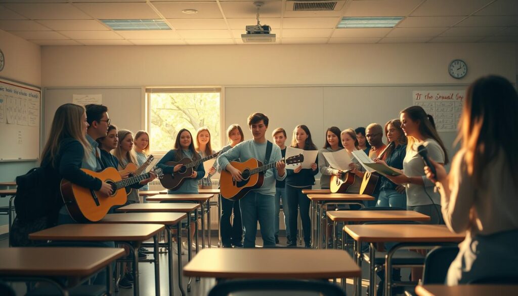 A serene classroom setting, the last day of 8th grade. Soft natural light filters through the windows, casting a warm glow on the desks and chairs. In the center, a group of students gathers, their faces filled with a bittersweet mix of joy and nostalgia. They hold guitars, microphones, and sheet music, preparing to perform a farewell song that captures the memories and emotions of their time together. The atmosphere is one of camaraderie, reflection, and the anticipation of new beginnings. The camera, an iPhone 16 Pro Max, captures this poignant moment with a cinematic, documentary-style approach, preserving the essence of this meaningful school tradition. A serene classroom setting, the last day of 8th grade. Soft natural light filters through the windows, casting a warm glow on the desks and chairs. In the center, a group of students gathers, their faces filled with a bittersweet mix of joy and nostalgia. They hold guitars, microphones, and sheet music, preparing to perform a farewell song that captures the memories and emotions of their time together. The atmosphere is one of camaraderie, reflection, and the anticipation of new beginnings. The camera, an iPhone 16 Pro Max, captures this poignant moment with a cinematic, documentary-style approach, preserving the essence of this meaningful school tradition.