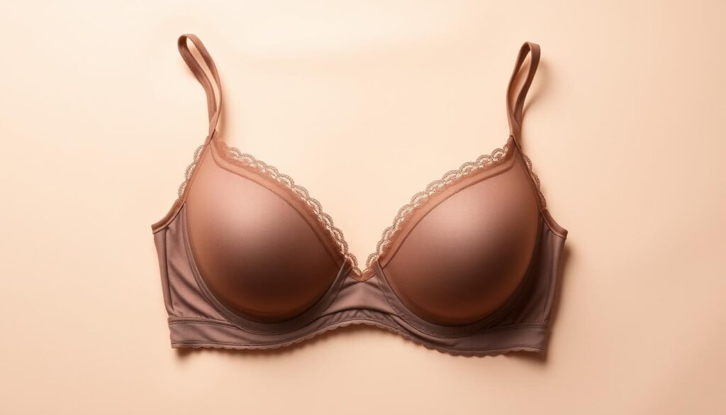 A sleek, seamless, self-supporting brassiere rests elegantly against a soft, skin-toned backdrop. The delicate lace trim and subtle sheen of the fabric create an alluring, yet sophisticated visual. Carefully angled lighting accentuates the bra's contoured design, showcasing its ability to provide natural-looking lift and support without the need for underwire. The image captures the essence of this modern, versatile lingerie piece, inviting the viewer to imagine its comfort and functionality in everyday wear.