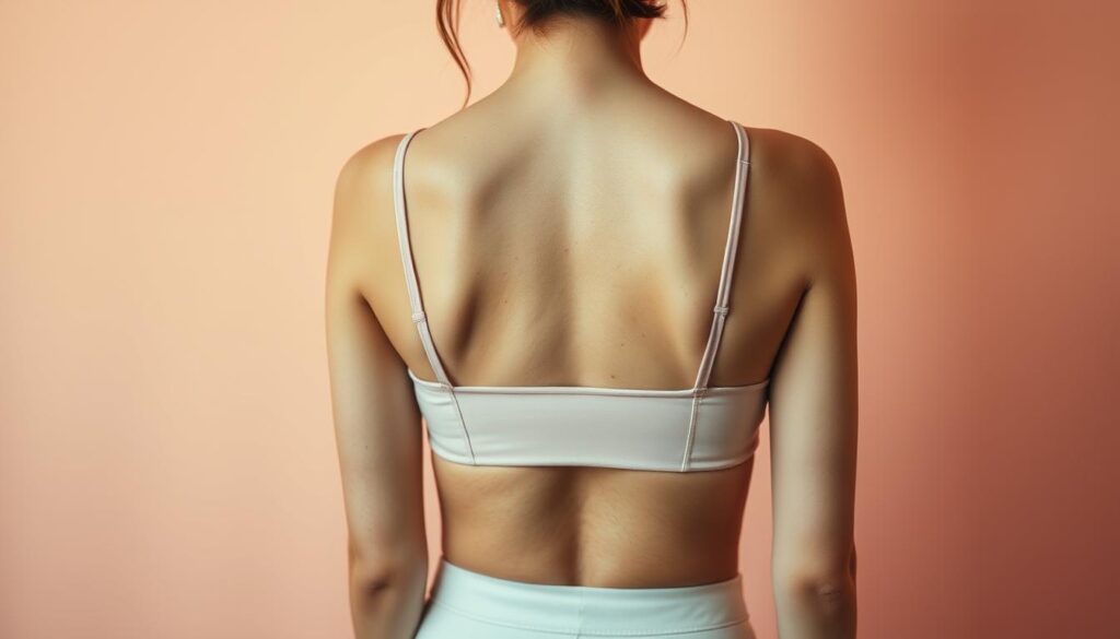 A stylish woman wearing a well-fitted brassiere stands against a soft, pastel-hued backdrop. The camera, an iPhone 16 Pro Max, captures the delicate movement as the brassiere gradually rides up her back, exposing the smooth skin beneath. The lighting is warm and diffused, creating a flattering, natural effect. The composition places the subject in the center, allowing the viewer to focus on the subtle yet significant detail of the brassiere's positioning. The mood is one of gentle introspection, inviting the viewer to consider the meaning and implications of this common, yet often overlooked, wardrobe phenomenon.
