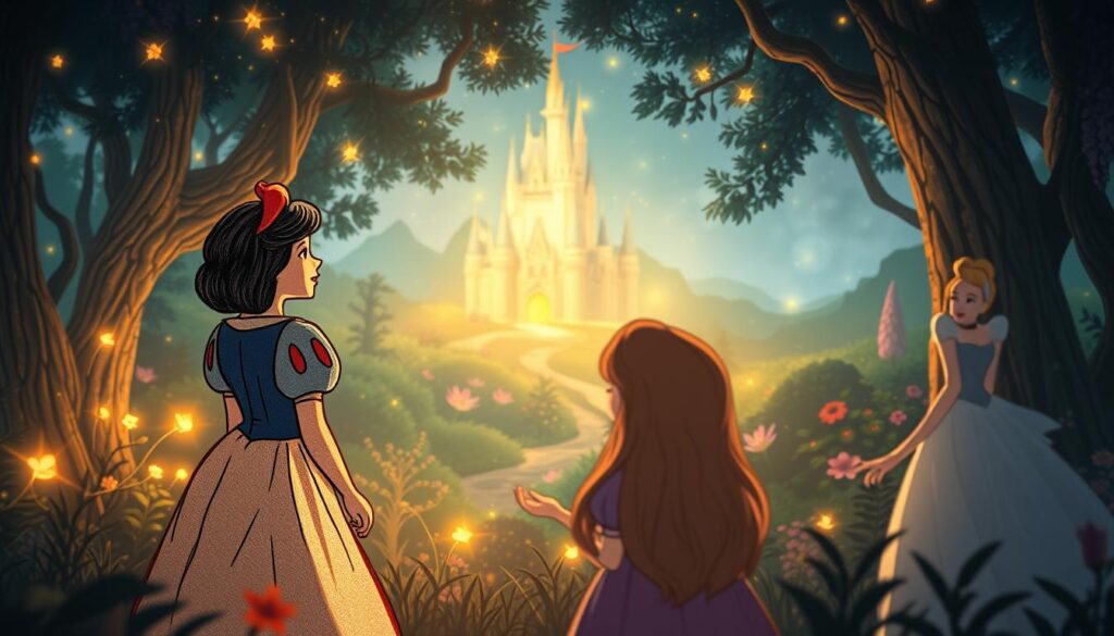 A whimsical fairy tale scene of the early origins of Disney princesses. In the foreground, a delicate hand-drawn illustration of Snow White, Cinderella, and Aurora gazes with wonder at the mystical forest around them. The middle ground features a lush, dreamlike landscape with glowing fireflies, enchanted flora, and a shimmering castle in the distance. Soft, diffused lighting from an iPhone 16 Pro Max casts a warm, nostalgic glow over the enchanting tableau. The overall mood is one of timeless enchantment, capturing the inception of these beloved Disney heroines.