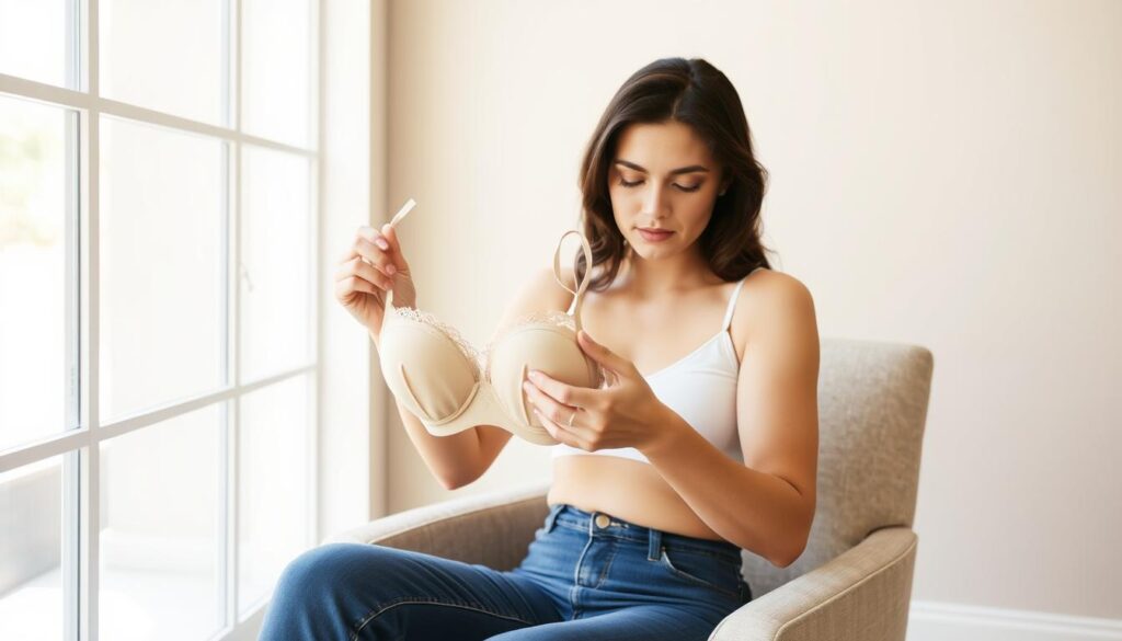 A woman sitting on a chair, examining a bra and considering how to adjust the band without sewing. The room is well-lit with natural light filtering through large windows, creating a warm and inviting atmosphere. The woman's expression is thoughtful as she holds the bra, studying it intently. The camera angle is slightly above, giving a slightly downward perspective that emphasizes the subject. The background is minimal, with a plain, neutral-toned wall providing a simple, uncluttered backdrop to focus attention on the woman and the bra.