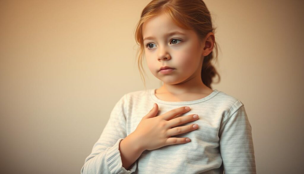 A young girl standing in a thoughtful, introspective pose, her hand gently resting on her chest, as she considers the right moment to begin her journey into womanhood. The lighting is soft and warm, creating a sense of intimacy and reflection. The background is blurred, keeping the focus on the girl's pensive expression. The camera angle is slightly elevated, capturing the scene from a compassionate, understanding perspective. The overall mood is one of tenderness and the natural, gradual transition of a girl becoming a young woman.