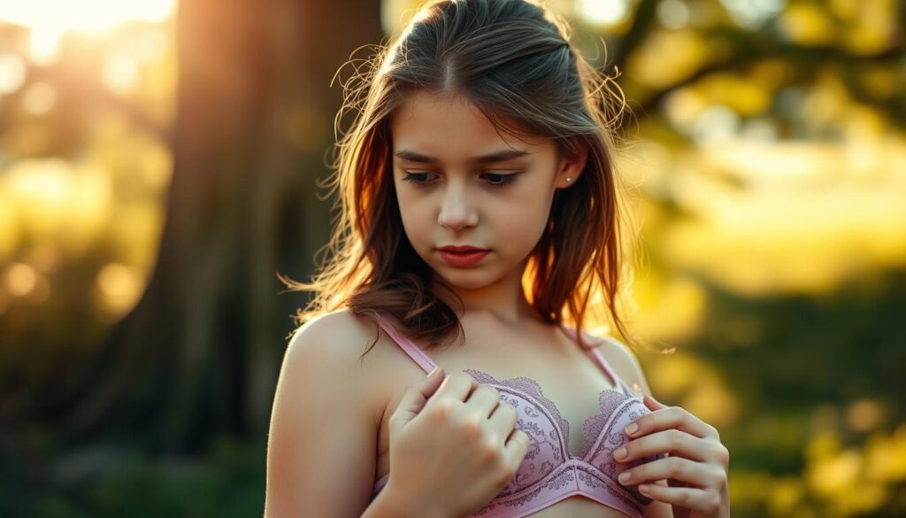 A young teenage girl, standing in a natural, sun-dappled setting, thoughtfully contemplates her first bra. The scene is captured with an iPhone 16 Pro Max, lending a warm, cinematic quality. The lighting is soft and diffused, accentuating the girl's features and creating a sense of intimacy. The background is blurred, drawing the viewer's focus to the subject and the moment of transition she is experiencing. The girl's expression is one of quiet introspection, reflecting the significance of this rite of passage. The overall mood is one of quiet contemplation, capturing the essence of the "best time" for a teenager to embark on this new chapter of their journey.