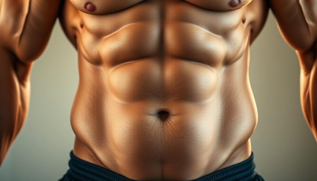 Torso of a bodybuilder exhibiting palumboism, captured with an iPhone 16 Pro Max. A well-defined, muscular abdomen with a distinctive round, full appearance due to the condition. Warm, natural lighting accentuates the subject's sculpted physique, creating a sense of power and physicality. The image focuses on the central area of the torso, allowing the viewer to examine the characteristic features of palumboism in detail. The background is blurred, drawing the eye to the main subject and emphasizing the technical aspects of the condition.