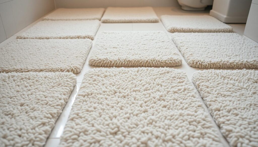 A bathroom floor covered in plush, absorbent bath mats, their soft texture and muted colors creating a serene, spa-like atmosphere. The mats are arranged in a tasteful, symmetrical pattern, their pile gently reflecting the warm, diffused lighting from overhead fixtures. The image captures the mundane yet essential task of washing these everyday household items, showcasing their importance in maintaining a comfortable, well-appointed bathroom space.