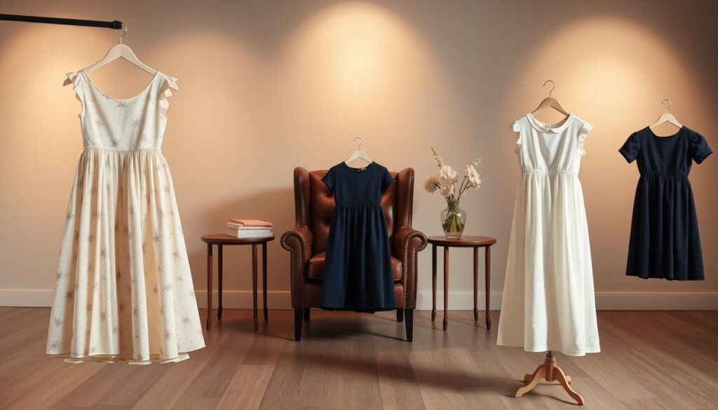 A beautifully lit studio scene showcasing an elegant selection of dresses for a christening ceremony. In the foreground, three dresses in soft, pastel hues - a flowing midi-length dress with a delicate floral print, a timeless knee-length dress in a classic ivory shade, and a sophisticated knee-length dress in a sophisticated navy blue. In the middle ground, a chic leather armchair and a wooden side table with a vase of fresh flowers, creating a cozy, inviting atmosphere. The background features a neutral-toned wall, subtly illuminated by soft, diffused lighting, lending a serene, gallery-like ambiance to the scene. The overall mood is one of refined sophistication and timeless elegance, perfectly suited for the special occasion of a christening.