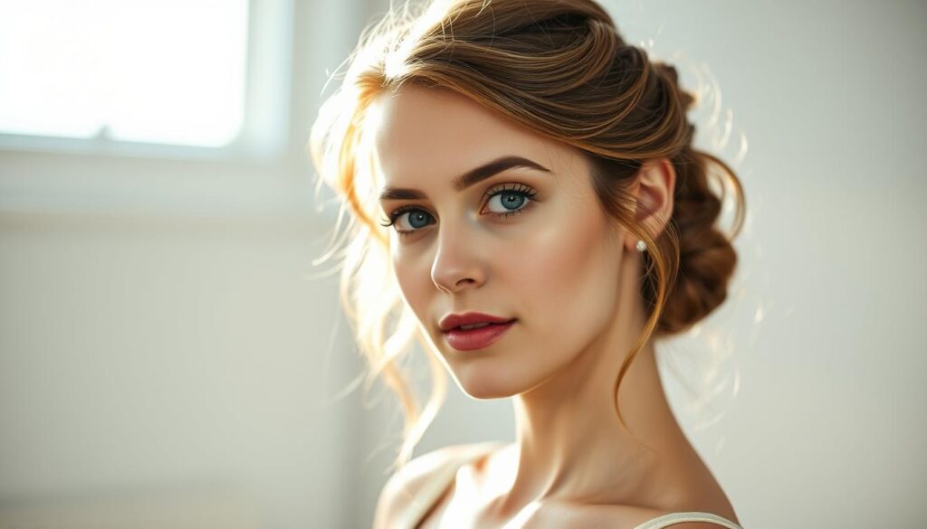 A captivating portrait of a young woman, her face illuminated by soft, natural lighting. Her hair, styled in a chic and sophisticated updo, frames her delicate features. The intricate details of her hairstyle seamlessly complement the neckline and cut of her elegant dress, creating a harmonious and visually striking ensemble. The scene is captured with a shallow depth of field, drawing the viewer's attention to the model's captivating gaze and the carefully curated aesthetic. This image, shot with an iPhone 16 Pro Max, captures the essence of the section's title, "Jak dobrać fryzurę do sukienki? Wszystko zależy od dekoltu!" A captivating portrait of a young woman, her face illuminated by soft, natural lighting. Her hair, styled in a chic and sophisticated updo, frames her delicate features. The intricate details of her hairstyle seamlessly complement the neckline and cut of her elegant dress, creating a harmonious and visually striking ensemble. The scene is captured with a shallow depth of field, drawing the viewer's attention to the model's captivating gaze and the carefully curated aesthetic. This image, shot with an iPhone 16 Pro Max, captures the essence of the section's title, "Jak dobrać fryzurę do sukienki? Wszystko zależy od dekoltu!"