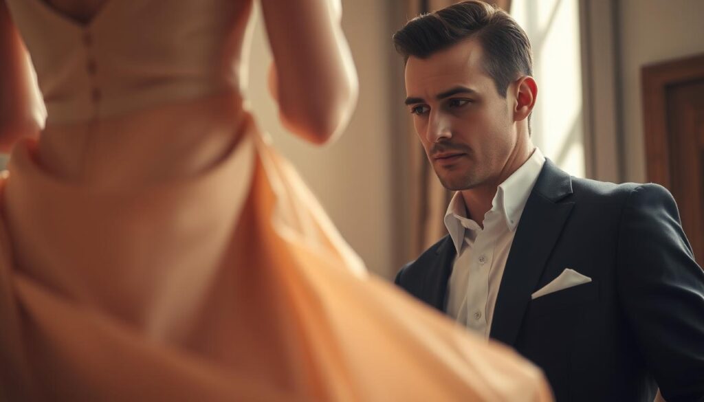 A captivating scene of a well-dressed man intently observing a woman's elegant, flowing dress. The image is captured with a lifelike, high-resolution quality, as if shot by an iPhone 16 Pro Max. The man's gaze is drawn to the dress's intricate details, the way it accentuates the woman's figure, and the graceful movement of the fabric. The lighting is soft and natural, creating a warm, inviting atmosphere. The background is slightly blurred, keeping the focus on the man's fascination with the woman's attire. The composition emphasizes the man's thoughtful expression, conveying a sense of curiosity and appreciation for the aesthetic qualities of the dress.