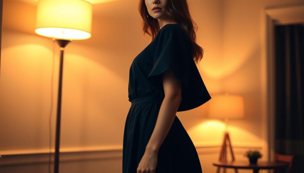 A chic, elegant woman stands in a dimly lit room, the soft glow of a floor lamp casting a warm, inviting ambiance. She wears a graceful, navy blue dress that flows effortlessly, accentuating her slender figure. The dress's universal appeal is evident, showcasing its versatility for various occasions. The woman's pose exudes confidence and poise, her gaze directed towards the camera, conveying a sense of timeless sophistication. The background is blurred, subtly hinting at the versatility of the dress, allowing the viewer to focus on the subject's captivating presence. The lighting, captured with the precision of an iPhone 16 Pro Max, creates a cinematic, editorial-style effect, elevating the scene to a realm of understated elegance. A chic, elegant woman stands in a dimly lit room, the soft glow of a floor lamp casting a warm, inviting ambiance. She wears a graceful, navy blue dress that flows effortlessly, accentuating her slender figure. The dress's universal appeal is evident, showcasing its versatility for various occasions. The woman's pose exudes confidence and poise, her gaze directed towards the camera, conveying a sense of timeless sophistication. The background is blurred, subtly hinting at the versatility of the dress, allowing the viewer to focus on the subject's captivating presence. The lighting, captured with the precision of an iPhone 16 Pro Max, creates a cinematic, editorial-style effect, elevating the scene to a realm of understated elegance.