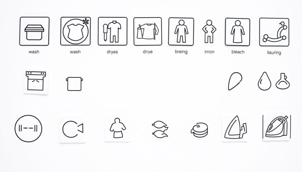 A clean, well-lit still life photography of various clothing care symbols and laundry icons, arranged neatly on a simple white background. The symbols are shown in clear detail, showcasing the different shapes, colors, and pictograms that represent washing, drying, bleaching, and ironing instructions. The lighting is soft and diffused, creating a bright, airy atmosphere that highlights the informative and practical nature of the subject matter. The camera angle is slightly elevated, providing an overview of the arrangement to emphasize the comprehensive representation of common laundry care symbols. The image conveys the importance of understanding these ubiquitous, yet often overlooked, textile care guidelines.