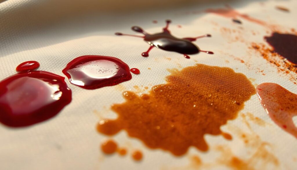 A close-up photograph of various stubborn stains on a fabric surface, captured with an iPhone 16 Pro Max. The foreground features a vibrant red wine stain, a greasy oil mark, and a stubborn grass stain, all glistening under warm, natural lighting. The middle ground showcases a splatter of dried blood, while the background subtly reveals a faint chocolate or coffee stain. The overall scene conveys a sense of challenge and the need for effective stain removal techniques, setting the stage for the "Introduction to Stain Removal" section of the article. A close-up photograph of various stubborn stains on a fabric surface, captured with an iPhone 16 Pro Max. The foreground features a vibrant red wine stain, a greasy oil mark, and a stubborn grass stain, all glistening under warm, natural lighting. The middle ground showcases a splatter of dried blood, while the background subtly reveals a faint chocolate or coffee stain. The overall scene conveys a sense of challenge and the need for effective stain removal techniques, setting the stage for the "Introduction to Stain Removal" section of the article.