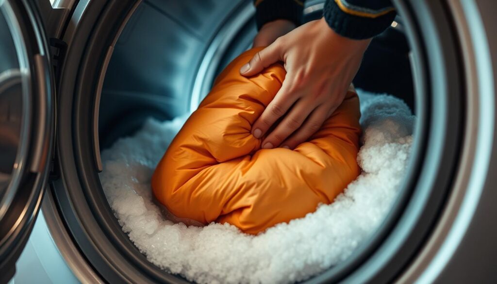 A close-up view of a person's hands carefully washing a fluffy, down-filled sleeping bag in a large, modern washing machine. The machine's interior is visible, with the sleeping bag swirling gently in a soapy water bath. Soft, diffused natural light filters in, casting a warm, ambient glow. The scene conveys a sense of thoughtful care and attention to the delicate task of properly laundering a prized outdoor accessory. The focus is on the tactile experience of the washing process, highlighting the importance of properly maintaining a sleeping bag for future use.