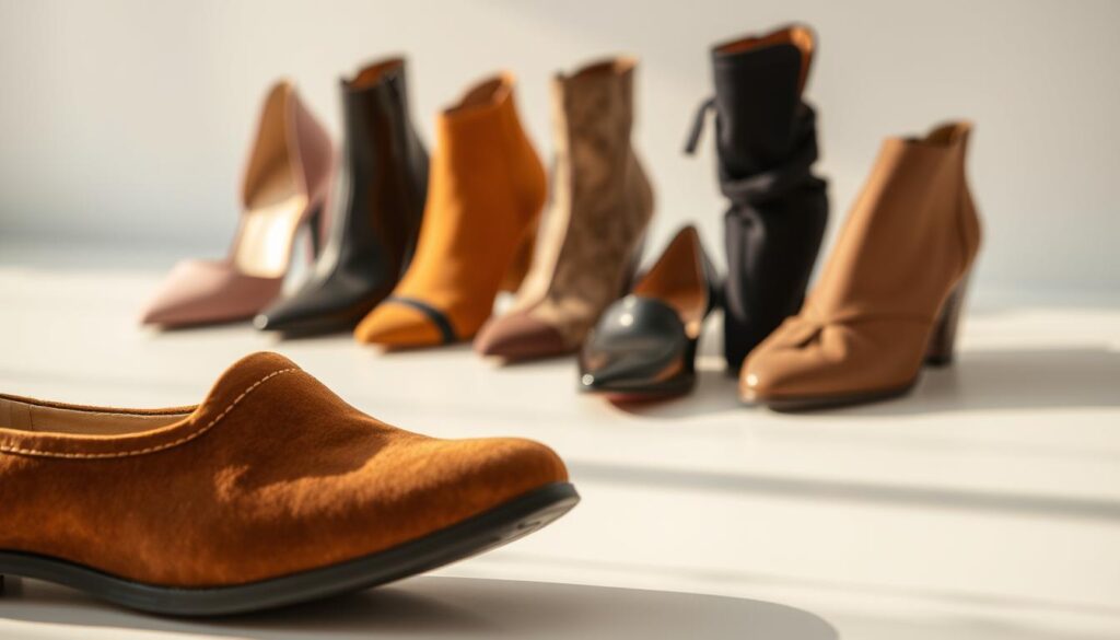 A comfortable, well-cushioned shoe sits prominently in the foreground, its supple leather and soft suede textures reflecting the warm, natural lighting. In the middle ground, a variety of stylish yet practical footwear options are artfully arranged, showcasing different heel heights, toe shapes, and materials that would complement a variety of dress styles. The background fades into a clean, minimalist setting, allowing the shoes to be the central focus. The overall scene conveys a sense of refined elegance and effortless comfort, perfectly capturing the essence of"Komfort na pierwszym miejscu."