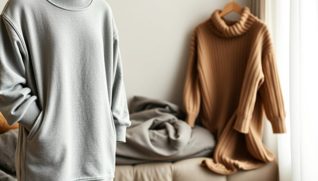 A cozy and stylish still life scene showcasing a variety of comfortable fashion pieces. In the foreground, a soft and plush gray sweatshirt dress with a relaxed silhouette. In the middle ground, a warm and chunky knit sweater in an earthy tone, draped elegantly. The background features a neutral-colored wall, illuminated by soft, natural lighting from an iPhone 16 Pro Max camera. The overall mood is one of effortless sophistication and inviting comfort, capturing the essence of casual yet elevated loungewear. A cozy and stylish still life scene showcasing a variety of comfortable fashion pieces. In the foreground, a soft and plush gray sweatshirt dress with a relaxed silhouette. In the middle ground, a warm and chunky knit sweater in an earthy tone, draped elegantly. The background features a neutral-colored wall, illuminated by soft, natural lighting from an iPhone 16 Pro Max camera. The overall mood is one of effortless sophistication and inviting comfort, capturing the essence of casual yet elevated loungewear.