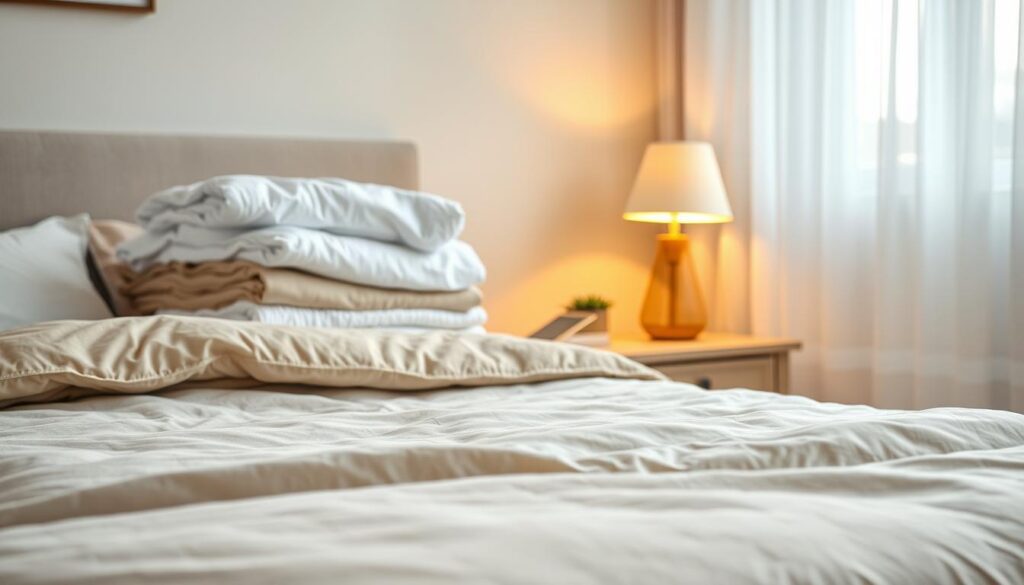 A cozy bedroom scene showcasing various types of bedding. In the foreground, a neatly made bed with a soft, plush comforter in a neutral tone. Beside it, a stack of folded sheets in different textures - crisp white cotton, warm flannel, and silky satin. In the middle ground, a nightstand with a reading lamp casts a warm glow, illuminating the varied fabrics. The background features a window with sheer curtains, allowing natural light to filter in and create a serene, welcoming atmosphere. The overall composition emphasizes the diverse qualities and aesthetics of these bedding materials, captured through the lens of a high-quality iPhone 16 Pro Max camera. A cozy bedroom scene showcasing various types of bedding. In the foreground, a neatly made bed with a soft, plush comforter in a neutral tone. Beside it, a stack of folded sheets in different textures - crisp white cotton, warm flannel, and silky satin. In the middle ground, a nightstand with a reading lamp casts a warm glow, illuminating the varied fabrics. The background features a window with sheer curtains, allowing natural light to filter in and create a serene, welcoming atmosphere. The overall composition emphasizes the diverse qualities and aesthetics of these bedding materials, captured through the lens of a high-quality iPhone 16 Pro Max camera.
