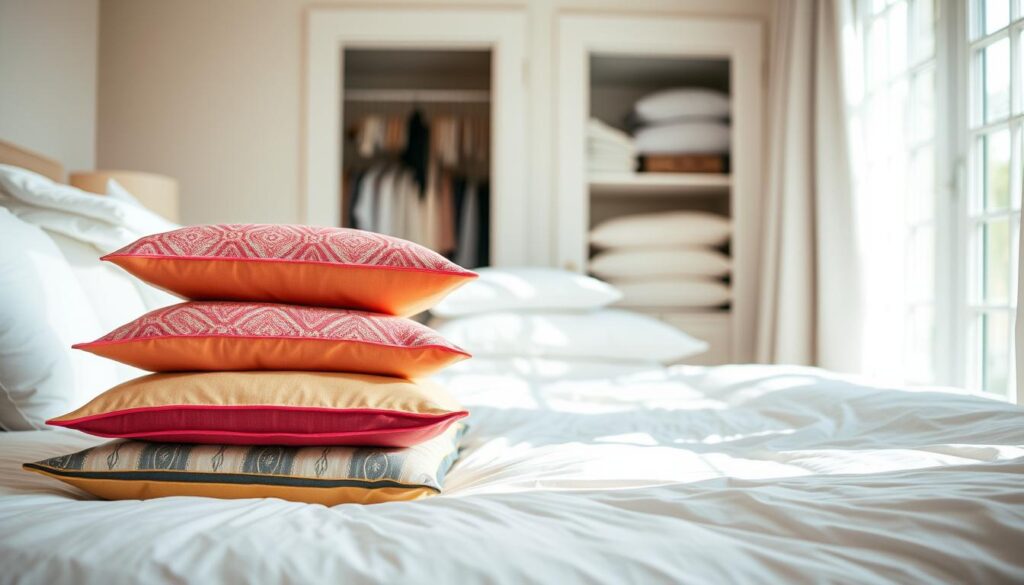 A cozy bedroom setting with a stack of freshly laundered decorative pillows in the foreground, their vibrant colors and patterns popping against the crisp, white linens. Warm, diffused natural lighting filters in through a large window, casting a soft glow on the plush bedding. In the middle ground, a set of clean, fluffy pillows ready to be arranged artfully on the bed. The background features a tidy closet or dresser, hinting at the satisfying feeling of having a fresh, revitalized space. The overall mood is one of comfort, relaxation, and the benefits of regular pillow maintenance. A cozy bedroom setting with a stack of freshly laundered decorative pillows in the foreground, their vibrant colors and patterns popping against the crisp, white linens. Warm, diffused natural lighting filters in through a large window, casting a soft glow on the plush bedding. In the middle ground, a set of clean, fluffy pillows ready to be arranged artfully on the bed. The background features a tidy closet or dresser, hinting at the satisfying feeling of having a fresh, revitalized space. The overall mood is one of comfort, relaxation, and the benefits of regular pillow maintenance.