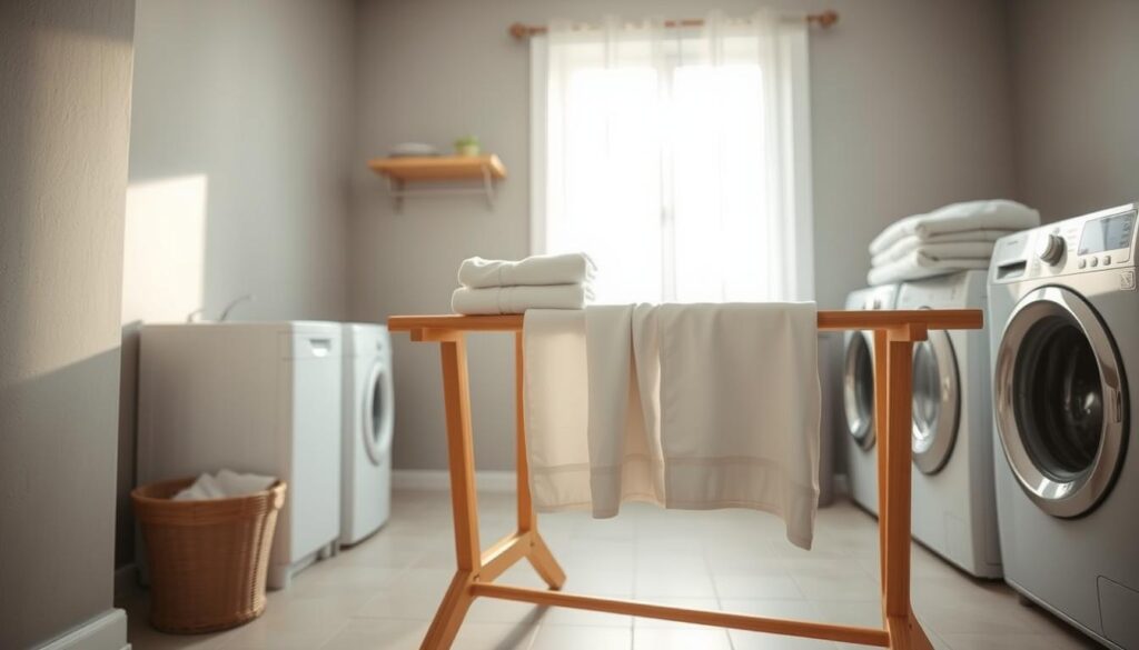 A cozy laundry room scene, bathed in warm, natural light filtering through a large window. Crisp white towels and neatly folded clothes rest on a wooden drying rack, while a washing machine and dryer stand ready in the background. The room is minimalist, with pale gray walls and a tiled floor, creating a serene and inviting atmosphere. The focus is on the act of washing, with the clothes and linens taking center stage, conveying a sense of domestic tranquility and the importance of this everyday task. The camera angle is slightly low, giving the viewer a sense of being immersed in the scene.