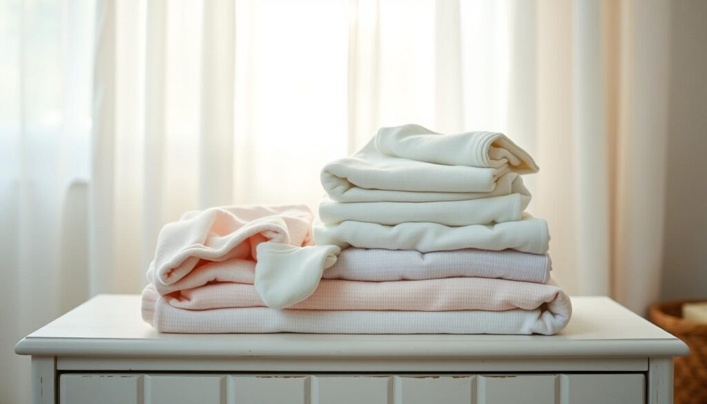 A cozy nursery scene, soft morning light filtering through sheer curtains, illuminating a neatly folded stack of fresh, organic baby clothes on a white wooden dresser. Delicate fabrics in soothing pastels - onesies, socks, and tiny shirts - await their next gentle wash, ready to wrap a newborn in comforting warmth. The camera captures this serene moment with the clarity and detail of a premium iPhone 16 Pro Max, highlighting the care and attention given to the task of laundering an infant's delicate wardrobe. A cozy nursery scene, soft morning light filtering through sheer curtains, illuminating a neatly folded stack of fresh, organic baby clothes on a white wooden dresser. Delicate fabrics in soothing pastels - onesies, socks, and tiny shirts - await their next gentle wash, ready to wrap a newborn in comforting warmth. The camera captures this serene moment with the clarity and detail of a premium iPhone 16 Pro Max, highlighting the care and attention given to the task of laundering an infant's delicate wardrobe.
