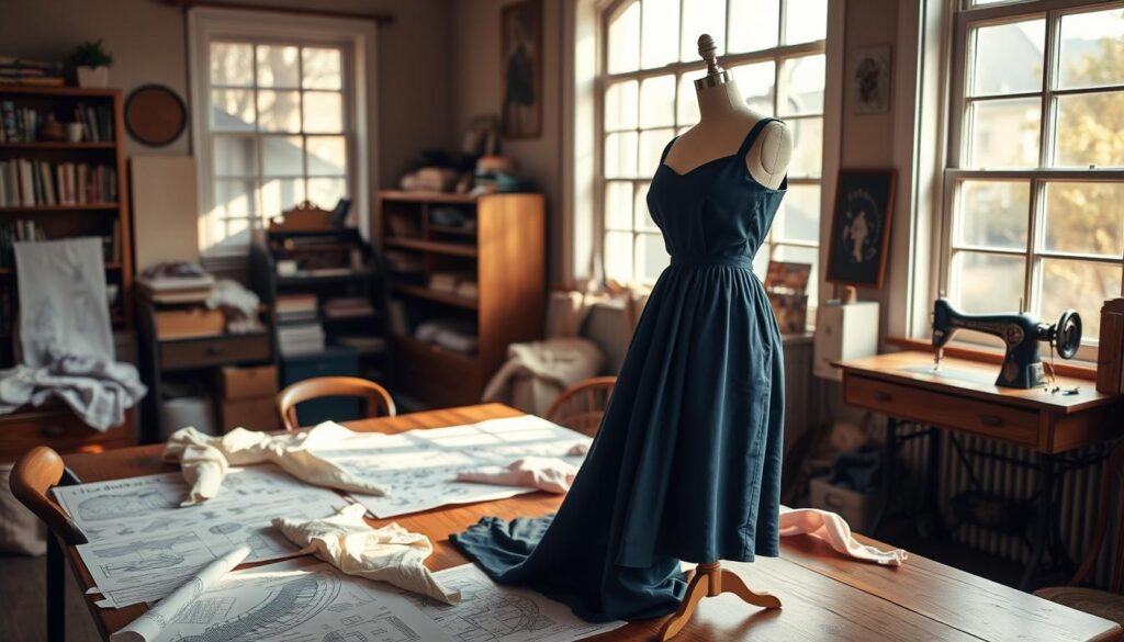 A cozy sewing studio with an elegant dressmaker's dummy standing in the center, draped in a half-finished navy blue sundress. Intricate patterns and fabrics in shades of cream, lavender, and soft pink are scattered across a wooden worktable, hinting at the creation of a custom garment. Warm natural light filters in through large windows, casting a gentle glow on the scene. In the background, a vintage sewing machine and a collection of sewing tools suggest the DIY nature of the task at hand. The overall atmosphere evokes a sense of creativity, craftsmanship, and the joy of designing and constructing one's own wardrobe.