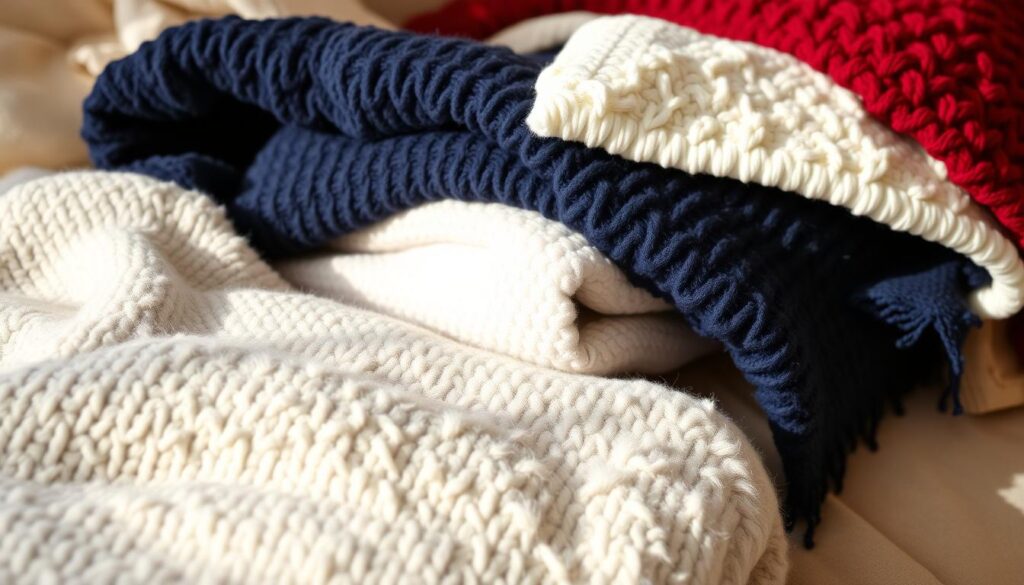 A cozy, well-lit close-up shot of a variety of folded cozy blankets and comforters. The foreground features a fluffy, light gray wool blanket with a subtle textured pattern. In the middle ground, a plush, navy blue fleece blanket and a crisp, white microfiber throw are neatly stacked. The background showcases a deep red, hand-knitted afghan and a soft, beige acrylic comforter. Warm, natural lighting illuminates the fabrics, highlighting their unique textures and qualities. The overall scene conveys a sense of domestic comfort and care in the proper washing and storage of household linens. A cozy, well-lit close-up shot of a variety of folded cozy blankets and comforters. The foreground features a fluffy, light gray wool blanket with a subtle textured pattern. In the middle ground, a plush, navy blue fleece blanket and a crisp, white microfiber throw are neatly stacked. The background showcases a deep red, hand-knitted afghan and a soft, beige acrylic comforter. Warm, natural lighting illuminates the fabrics, highlighting their unique textures and qualities. The overall scene conveys a sense of domestic comfort and care in the proper washing and storage of household linens.