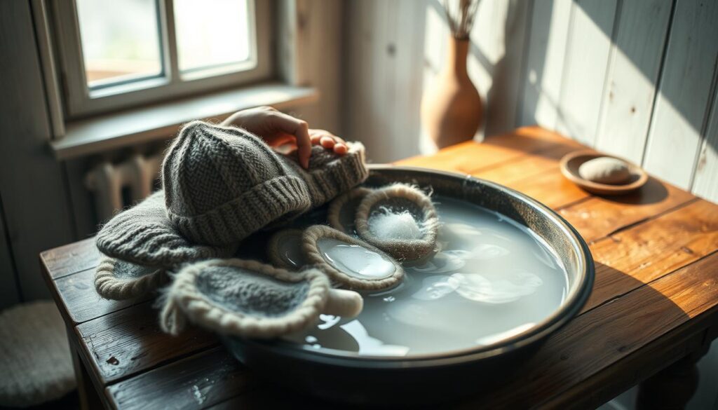 A cozy, well-lit interior scene featuring a wooden table with a pile of felted wool items - hats, slippers, and coasters - being gently scrubbed and agitated in a basin of warm, soapy water. Soft, diffused light filters in through a nearby window, casting a warm glow on the scene. The focus is on the delicate hand-washing process, capturing the care and attention required to properly clean these felted textiles. The overall mood is one of tranquility and attention to detail, reflecting the section title "Wprowadzenie do prania filcu". A cozy, well-lit interior scene featuring a wooden table with a pile of felted wool items - hats, slippers, and coasters - being gently scrubbed and agitated in a basin of warm, soapy water. Soft, diffused light filters in through a nearby window, casting a warm glow on the scene. The focus is on the delicate hand-washing process, capturing the care and attention required to properly clean these felted textiles. The overall mood is one of tranquility and attention to detail, reflecting the section title "Wprowadzenie do prania filcu".