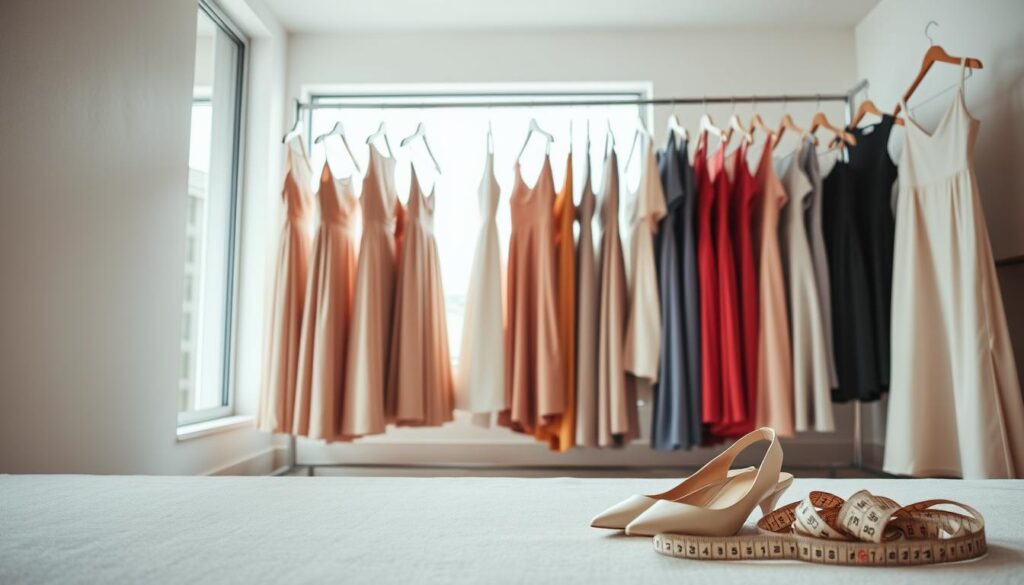 A cozy, well-lit room with a large window, showcasing a collection of petite dresses in various styles and colors. The dresses hang gracefully on sleek, minimalist racks, their fabrics and textures inviting touch. The lighting is soft and diffused, creating a warm, welcoming atmosphere. In the foreground, a pair of low-heeled pumps in a complementary shade sits next to a measuring tape, hinting at the customization and attention to detail for smaller frames. The overall composition conveys a sense of elegance, practicality, and a focus on empowering those of smaller stature.