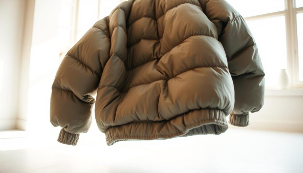 A cozy, well-worn puffer jacket hangs gracefully, its soft down filling gently billowing as a soft breeze blows through the scene. The jacket is displayed in a bright, airy room, with warm, natural lighting filtering in through large windows. The surface beneath the jacket is a clean, crisp white, creating a minimalist backdrop that allows the jacket's texture and details to shine. The angle is slightly elevated, capturing the jacket from an eye-level perspective, giving the viewer a sense of intimacy and inviting them to closely examine the garment. The overall mood is one of calm, comfort, and the reassurance that this beloved puffer jacket can indeed be safely washed and cared for, ready to provide warmth and style for seasons to come.