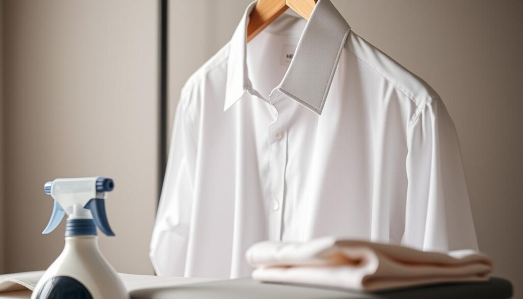 A crisp, well-ironed shirt hangs neatly on a wooden hanger, its creases sharp and its fabric pristine. The lighting is soft and diffused, capturing the subtle textures of the cotton weave. In the foreground, a spray bottle and a folded ironing board suggest the meticulous care taken to maintain the shirt's appearance. The background is blurred, drawing the viewer's attention to the central subject and emphasizing the importance of proper shirt care. The overall mood is one of order, attention to detail, and the value of taking the time to ensure a professional, polished look.