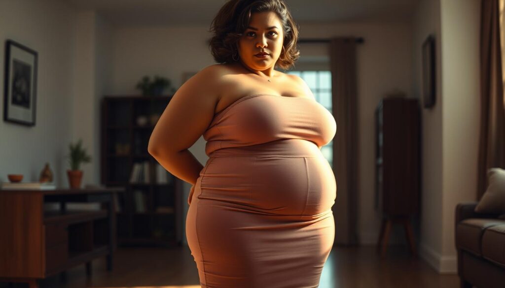 A curvy woman standing in a well-lit room, facing the camera with a pensive expression. Her broad hips and thick thighs are accentuated by a tight, high-waisted skirt that fails to flatter her midsection. The lighting is warm and flattering, casting soft shadows that highlight the contours of her figure. The background is blurred, keeping the focus on her body. The composition is shot at a slightly low angle, emphasizing her height and the challenges of finding flattering clothing. The overall mood is one of introspection and a desire to feel confident in one's own skin. A curvy woman standing in a well-lit room, facing the camera with a pensive expression. Her broad hips and thick thighs are accentuated by a tight, high-waisted skirt that fails to flatter her midsection. The lighting is warm and flattering, casting soft shadows that highlight the contours of her figure. The background is blurred, keeping the focus on her body. The composition is shot at a slightly low angle, emphasizing her height and the challenges of finding flattering clothing. The overall mood is one of introspection and a desire to feel confident in one's own skin.