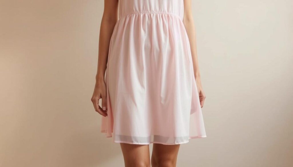 A delicate, powder-pink dress gently drapes across a female figure, its soft texture and subtle hue creating an elegant, feminine silhouette. The dress falls gracefully to just above the knees, accentuating the model's slim physique. Soft, diffused lighting casts a warm, ethereal glow, highlighting the dress's delicate nature. The model stands against a simple, neutral background, allowing the dress to be the central focus. The overall mood is serene, sophisticated, and inviting, capturing the essence of the powder-pink dress.