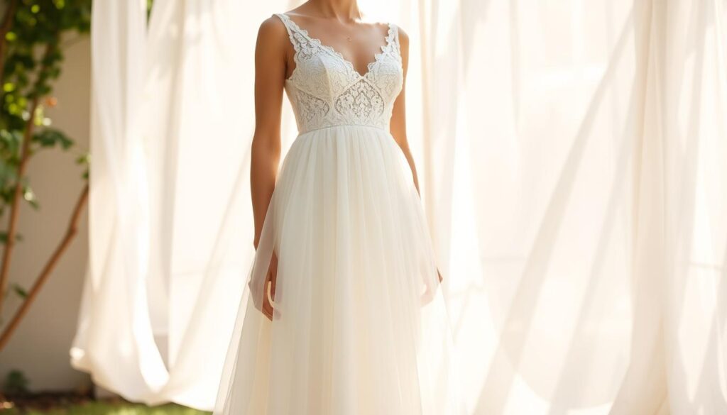 A delicate white dress, its fluid silhouette gently cascading to the floor, stands poised in a sun-drenched setting. Soft natural light filters through sheer fabric, casting a warm, ethereal glow. The dress, an embodiment of elegance, is ready to grace any special occasion - from a formal wedding to a refined garden party. Intricate lace detailing adorns the bodice, adding a touch of refined sophistication. The iPhone 16 Pro Max captures this scene with precision, preserving the dress's effortless charm and the tranquil ambiance of the surroundings.