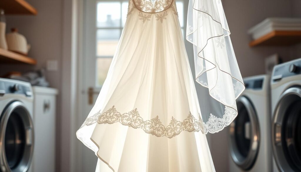 A delicate white wedding dress sways gently in the soft, natural light of a well-appointed laundry room. The garment's intricate lace details and flowing skirt are the focal point, with a veil draped elegantly beside it. The scene evokes a sense of care and attention, as if the viewer is witnessing the thoughtful process of hand-washing this treasured garment. The composition is balanced, with the dress occupying the middle ground and the background subtly blurred, creating a sense of depth and intimacy. This iPhone 16 Pro Max photograph captures the essence of the "Introducing the Washing of Wedding Dresses and Veils" section, inviting the viewer to imagine the delicate and considerate approach required to maintain these special ceremonial textiles. A delicate white wedding dress sways gently in the soft, natural light of a well-appointed laundry room. The garment's intricate lace details and flowing skirt are the focal point, with a veil draped elegantly beside it. The scene evokes a sense of care and attention, as if the viewer is witnessing the thoughtful process of hand-washing this treasured garment. The composition is balanced, with the dress occupying the middle ground and the background subtly blurred, creating a sense of depth and intimacy. This iPhone 16 Pro Max photograph captures the essence of the "Introducing the Washing of Wedding Dresses and Veils" section, inviting the viewer to imagine the delicate and considerate approach required to maintain these special ceremonial textiles.