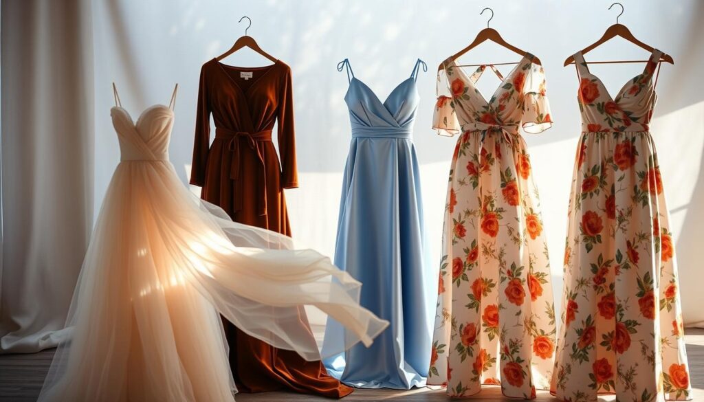 A dreamy, ethereal scene of four elegant dresses reflecting the changing seasons. In the foreground, a flowing chiffon gown in pastel hues evokes the softness of spring. Moving back, a sumptuous velvet dress in rich autumnal tones commands attention. Beside it, a sleek satin number in a wintry blue hue exudes sophistication. Finally, a breezy, floral-printed dress captures the vibrant spirit of summer. Soft, natural lighting bathes the dresses, highlighting their luxurious textures. The scene is set against a softly blurred, nature-inspired backdrop, creating an atmosphere of timeless beauty and versatility. This iPhone 16 Pro Max photo captures the essence of seasonal wedding fashion with a sense of elegant harmony. A dreamy, ethereal scene of four elegant dresses reflecting the changing seasons. In the foreground, a flowing chiffon gown in pastel hues evokes the softness of spring. Moving back, a sumptuous velvet dress in rich autumnal tones commands attention. Beside it, a sleek satin number in a wintry blue hue exudes sophistication. Finally, a breezy, floral-printed dress captures the vibrant spirit of summer. Soft, natural lighting bathes the dresses, highlighting their luxurious textures. The scene is set against a softly blurred, nature-inspired backdrop, creating an atmosphere of timeless beauty and versatility. This iPhone 16 Pro Max photo captures the essence of seasonal wedding fashion with a sense of elegant harmony.