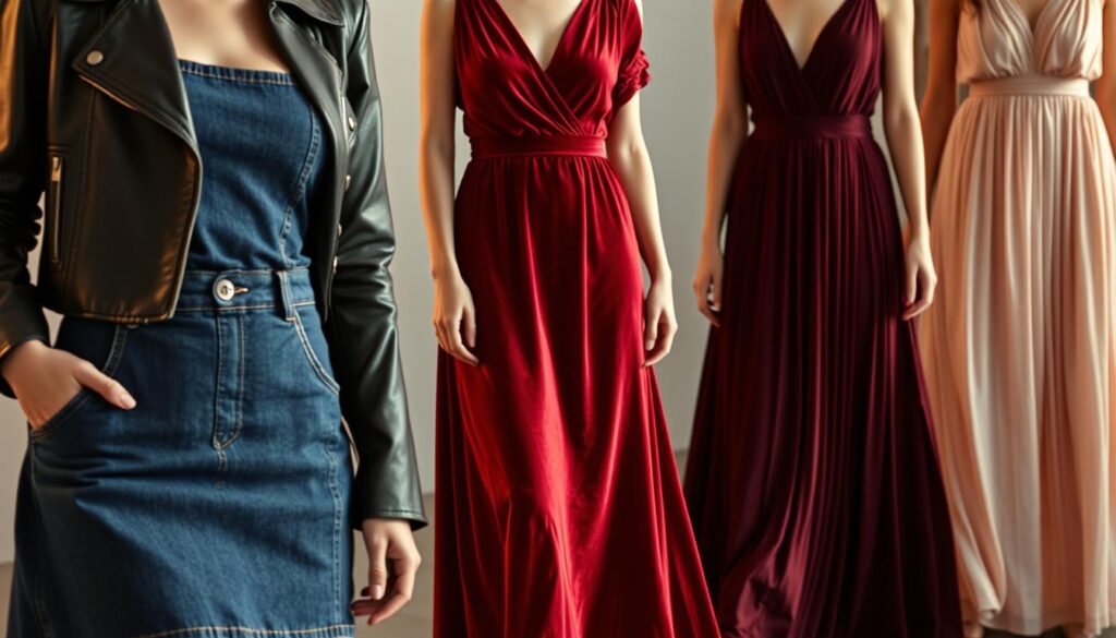 A fashion editorial featuring an array of dresses crafted from diverse materials. In the foreground, a sleek denim mini dress with subtle distressing, complemented by a chic leather jacket. In the middle ground, a sumptuous velvet midi dress in a rich burgundy hue, draped elegantly. Towards the back, a flowing silk maxi dress in a soft blush tone, its delicate pleats catching the warm, natural light. The scene is captured with a cinematic quality, using an iPhone 16 Pro Max camera to convey a sense of high-end editorial photography. The overall mood is one of refined sophistication, showcasing the versatility and allure of these textural dress designs.