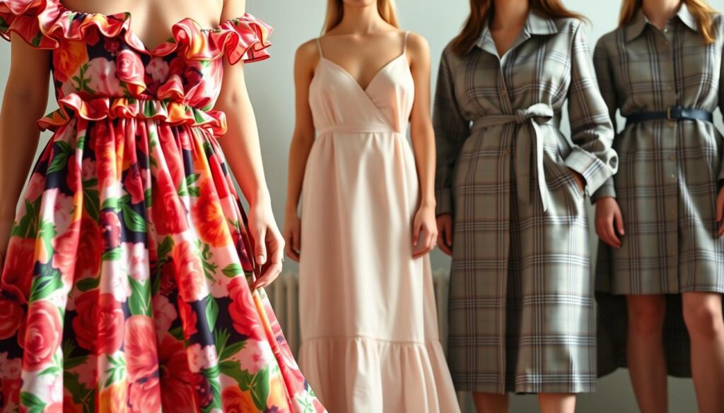 A fashionable array of trendy dresses for the year 2025, captured with the iPhone 16 Pro Max's high-quality lens. The foreground showcases a vibrant, flowing midi dress in a bold floral print, accentuated by delicate ruffles and a flattering cinched waist. In the middle ground, a sleek, minimalist slip dress in a soft pastel shade exudes effortless elegance. The background features a chic, knee-length shirtdress in a subtle plaid pattern, complemented by a tailored silhouette and subtle metallic accents. The lighting is natural and diffused, creating a warm, inviting atmosphere that highlights the intricate details and luxurious fabrics of these on-trend designs. A fashionable array of trendy dresses for the year 2025, captured with the iPhone 16 Pro Max's high-quality lens. The foreground showcases a vibrant, flowing midi dress in a bold floral print, accentuated by delicate ruffles and a flattering cinched waist. In the middle ground, a sleek, minimalist slip dress in a soft pastel shade exudes effortless elegance. The background features a chic, knee-length shirtdress in a subtle plaid pattern, complemented by a tailored silhouette and subtle metallic accents. The lighting is natural and diffused, creating a warm, inviting atmosphere that highlights the intricate details and luxurious fabrics of these on-trend designs.