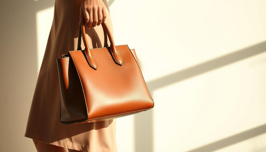 A fashionable woman holding a stylish leather handbag, captured in natural daylight against a soft, blurred background. The bag's design and color complement the woman's elegant dress, creating a harmonious, high-fashion aesthetic. Subtle shadows and highlights accentuate the bag's texture and shape, while the overall composition emphasizes the importance of selecting the right purse to complement one's outfit. The image conveys a sense of effortless sophistication, reflecting the principles of choosing the perfect handbag to pair with a dress. A fashionable woman holding a stylish leather handbag, captured in natural daylight against a soft, blurred background. The bag's design and color complement the woman's elegant dress, creating a harmonious, high-fashion aesthetic. Subtle shadows and highlights accentuate the bag's texture and shape, while the overall composition emphasizes the importance of selecting the right purse to complement one's outfit. The image conveys a sense of effortless sophistication, reflecting the principles of choosing the perfect handbag to pair with a dress.