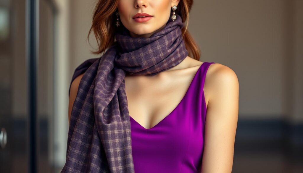 A fashionable woman poses confidently, showcasing a chic, fitted dress in a vibrant, jewel-toned hue. Draped elegantly around her shoulders, a luxurious, tactile scarf in a complementary color and pattern adds depth and visual interest. The lighting is soft and flattering, capturing the sophisticated allure of the ensemble. The camera angle is slightly elevated, emphasizing the model's graceful posture and creating a sense of poise and refinement. The background is blurred, keeping the focus on the harmonious details that elevate the dress and transform it into a stylish, complete look.
