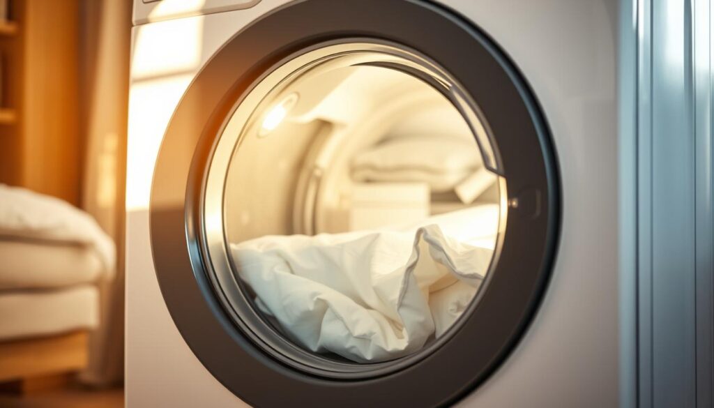 A front-loading washing machine with a clear glass door, showing a white mattress cover being washed on a gentle cycle. The machine is illuminated by warm, natural light streaming in from a nearby window. The background is blurred, creating a sense of focus on the washing process. The image conveys a feeling of cleanliness, efficiency, and attention to detail in maintaining a well-cared-for mattress and its removable cover.