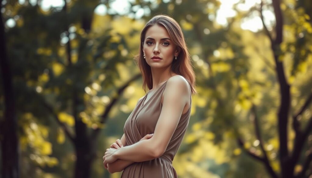 A graceful woman stands in a serene outdoor setting, her eyes fixed on the camera with a pensive expression. The natural light filters through the lush foliage, casting a warm, golden glow that accentuates the texture of her elegant dress. The camera's wide-angle lens captures the subject's full-length figure, emphasizing the importance of her stance and the way she carries herself. The background is softly blurred, drawing the viewer's attention to the woman's confident yet thoughtful pose, highlighting the significance of how one presents oneself in photographs.