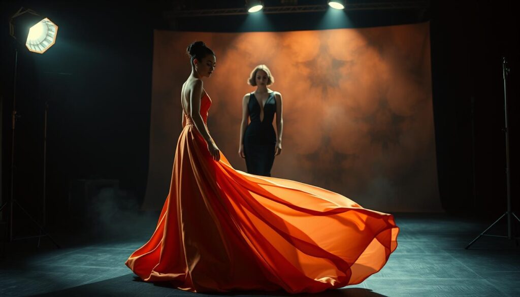 A high-fashion photography spread showcasing iconic dresses from classic films. A dimly lit studio scene with dramatic lighting and a moody, cinematic atmosphere. In the foreground, a flowing satin gown in a vibrant color stands out, reminiscent of a famous onscreen look. In the middle ground, a sleek, minimalist cocktail dress exudes Old Hollywood glamour. The background features a stylized, hazy backdrop that evokes the silver screen. The overall aesthetic is a harmonious blend of luxury, nostalgia, and cinematic elegance, capturing the timeless allure of these legendary fashion moments.
