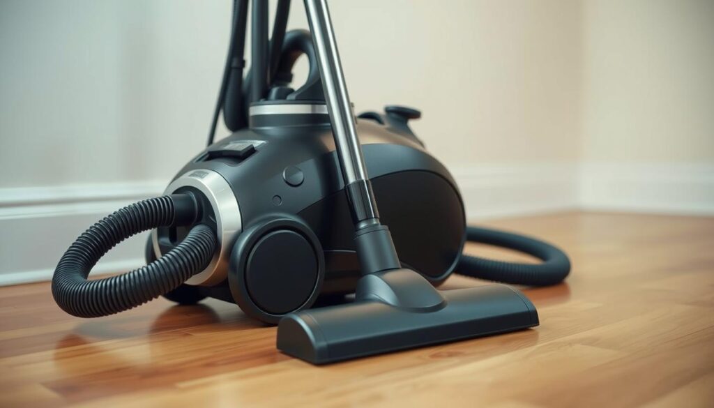 A high-quality image of a wet/dry vacuum cleaner, or "carpet cleaning vacuum", resting on a hardwood floor. The device has a sleek, modern design with a matte black finish and silver accents. It is equipped with various attachments and hoses, indicating its versatility for cleaning carpets, upholstery, and other surfaces. The lighting is soft and natural, creating a warm, inviting atmosphere. The camera angle is slightly elevated, giving a sense of the vacuum's size and presence in the room. The background is minimalist, allowing the vacuum to be the central focus of the image. A high-quality image of a wet/dry vacuum cleaner, or "carpet cleaning vacuum", resting on a hardwood floor. The device has a sleek, modern design with a matte black finish and silver accents. It is equipped with various attachments and hoses, indicating its versatility for cleaning carpets, upholstery, and other surfaces. The lighting is soft and natural, creating a warm, inviting atmosphere. The camera angle is slightly elevated, giving a sense of the vacuum's size and presence in the room. The background is minimalist, allowing the vacuum to be the central focus of the image.
