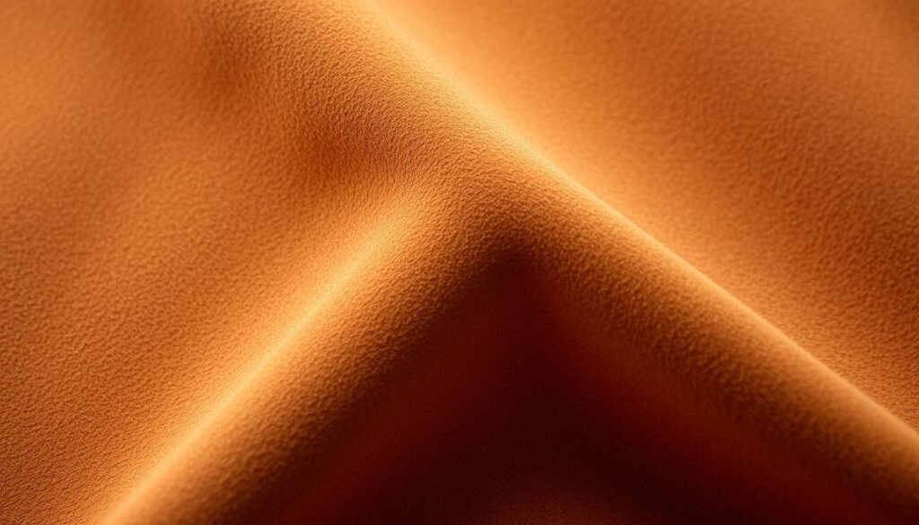 A high-resolution close-up photograph of a supple, velvety suede material in a warm, earthy brown hue. The texture is beautifully detailed, with a soft, plush nap and subtle variations in shading. The lighting is natural and diffused, creating a gentle, atmospheric quality. The image is framed to showcase the tactile nature of the suede, filling the frame and inviting the viewer to reach out and touch the luxurious fabric. The overall mood is one of refined elegance and care, setting the stage for a discussion on the proper maintenance and preservation of this delicate material.