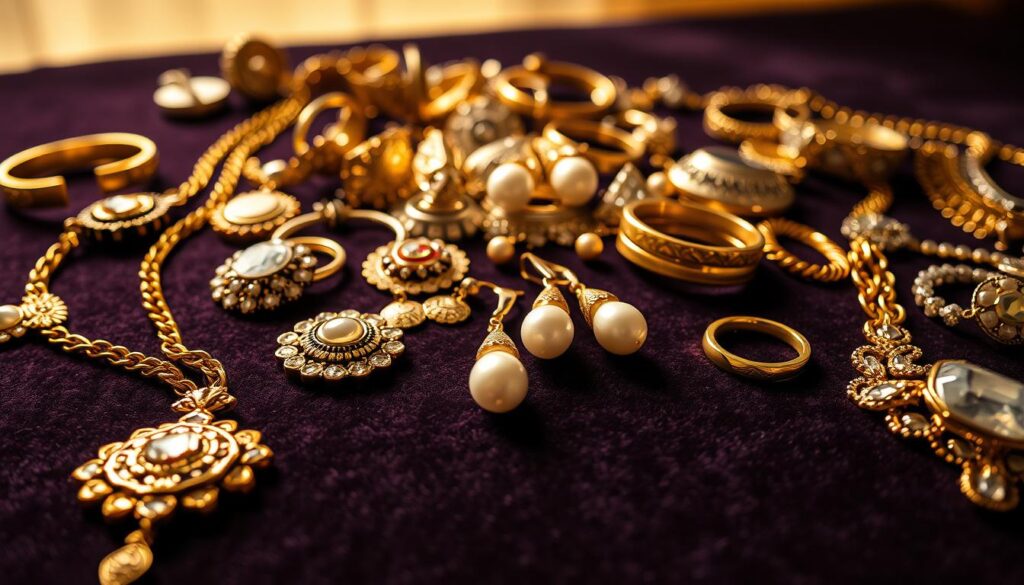 A luxurious close-up shot of various pieces of ornate jewelry laid out on a velvet surface. In the foreground, a golden necklace with a glistening pendant catches the light, hinting at its importance. Surrounding it, a mix of earrings, bracelets, and rings in intricate designs, each reflecting the individual's style and personality. The middle ground features a pair of delicate pearl drop earrings, their translucent lustre suggesting their elegance. In the background, a soft, warm lighting bathes the scene, creating a sense of sophistication and timelessness. The overall composition emphasizes the significance of accessorizing and how the right jewelry can elevate one's appearance and confidence. A luxurious close-up shot of various pieces of ornate jewelry laid out on a velvet surface. In the foreground, a golden necklace with a glistening pendant catches the light, hinting at its importance. Surrounding it, a mix of earrings, bracelets, and rings in intricate designs, each reflecting the individual's style and personality. The middle ground features a pair of delicate pearl drop earrings, their translucent lustre suggesting their elegance. In the background, a soft, warm lighting bathes the scene, creating a sense of sophistication and timelessness. The overall composition emphasizes the significance of accessorizing and how the right jewelry can elevate one's appearance and confidence.